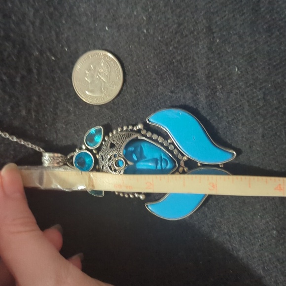 Silver Plated Blue Turquoise Gemstone Carved Face Oversized Statement Necklace - Picture 5 of 5
